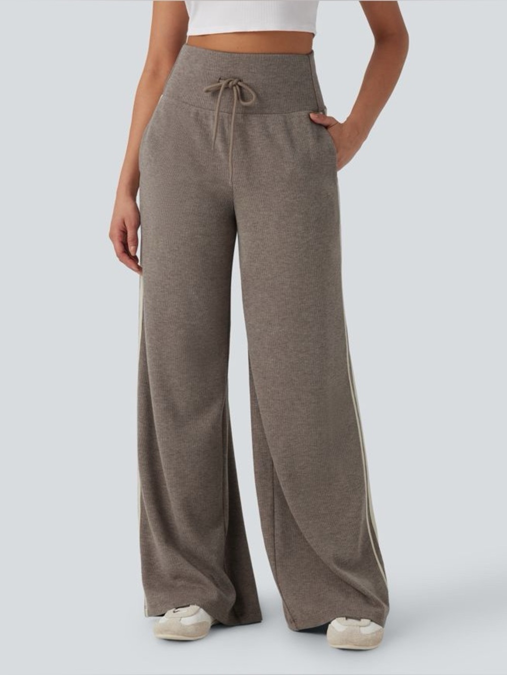 Halara Ribbed High Waisted Tummy Control Side Stripe Baggy Casual Pant Large